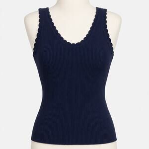 Tankaneo Navy Ribbed Knit Tank Top Women's XS Scalloped Trim Stretch Viscose NWT